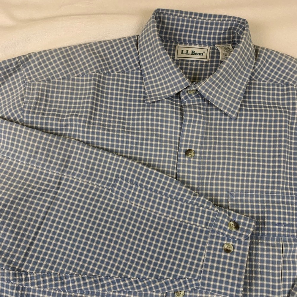 LL Bean Mens Medium Tall Blue Check Long Sleeve Button Down Shirt 0GR89 Pocket - Picture 2 of 9